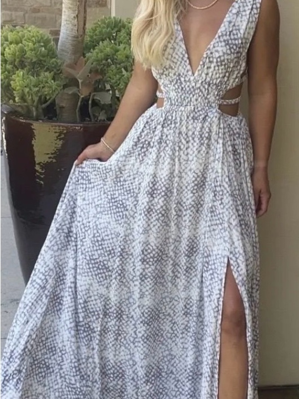 Lovely Day Sands of Time Sleeveless Maxi Dress in Light Gray Snake Print.